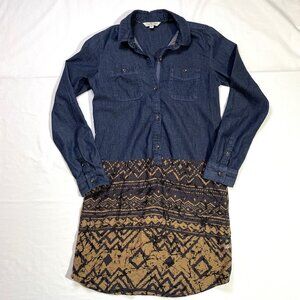 Thursday Island Denim Batik Dress Size S Lightweight Drop Waist Rollup Sleeves